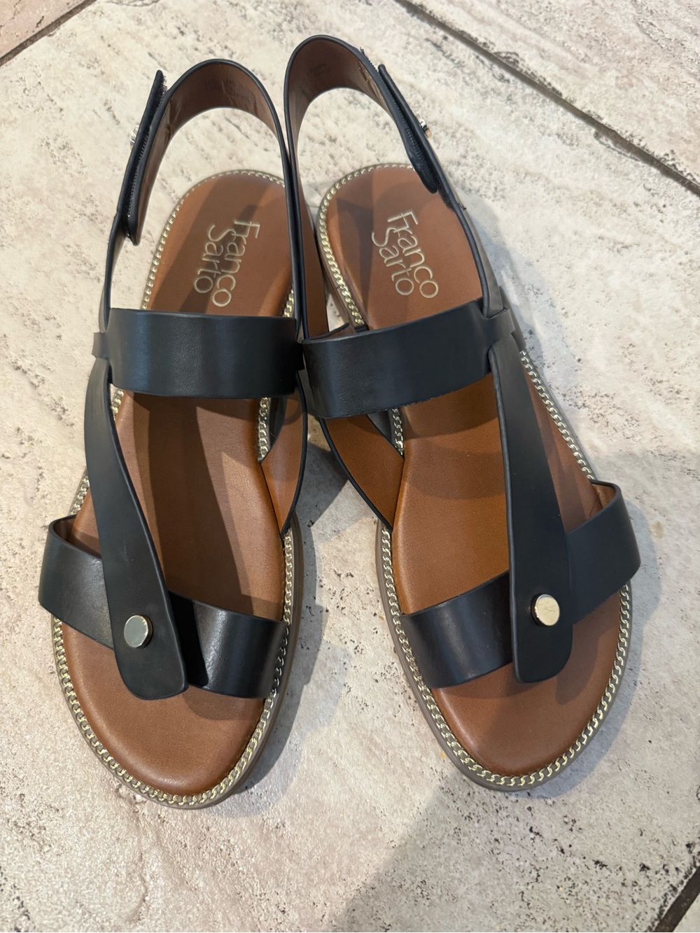 Franco Sarto Brown Leather Wedge Sandals with Gold Accent